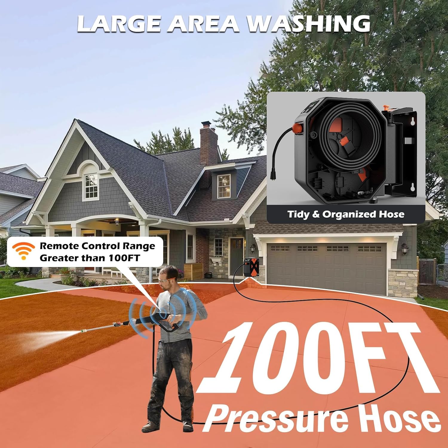 GFCI Wall Mounted 5000PSIMAX PowerWasher with 100FT Retractable Hose, 5-Stage Adjustable Press, Foam Cannon & 5 Nozzles for Car, Lane, Patio Cleaning
